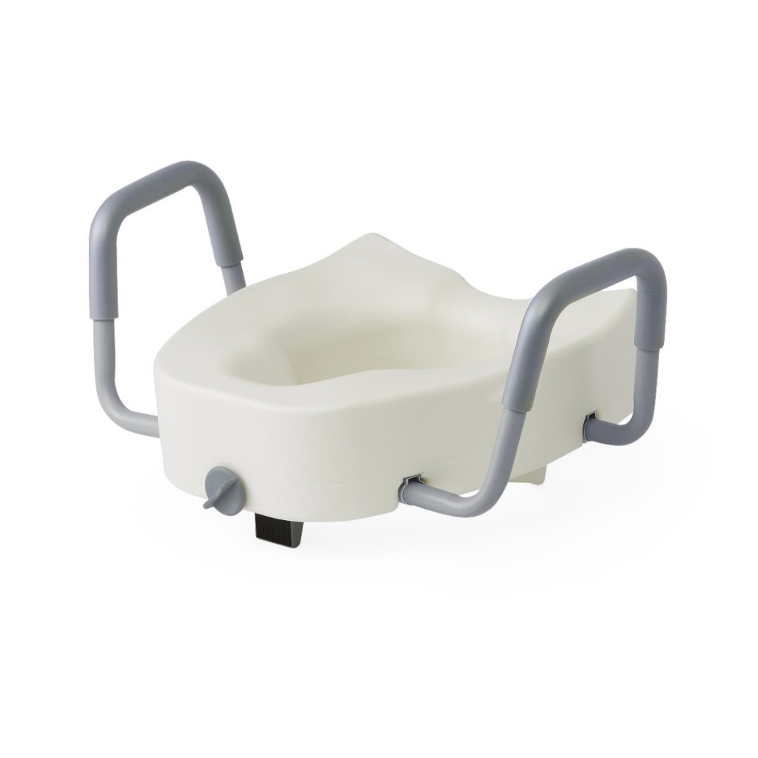 The Medline Bariatric 5 Elongated Raised Toilet Seat with Lock features removable padded arms for extra support, adding height and enhancing bathroom safety and comfort for users with mobility challenges.